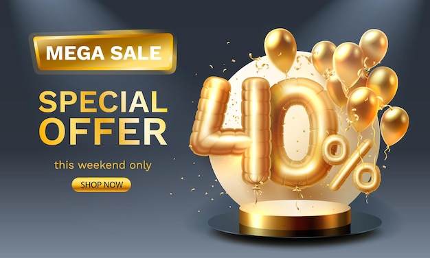 Oferta especial Venta 40 globos mega venta podio dorado fondo negro Vector