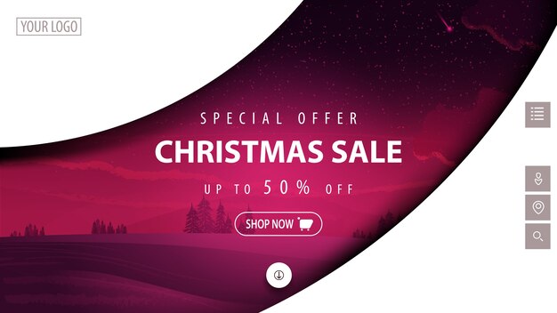 Oferta especial, venta de Navidad, hasta 50 de descuento, banner de descuento moderno blanco y morado para sitio web con formas abstractas y paisaje de invierno tintado