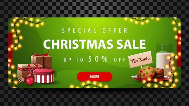 Oferta especial, venta de Navidad, hasta 50% de descuento, hermoso banner de descuento verde con guirnaldas, botón rojo, regalos y galletas con un vaso de leche para Santa Claus