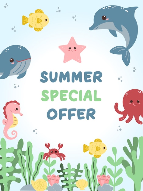Oferta especial de verano de Banner animales marinos poster vectorial de peces lindos