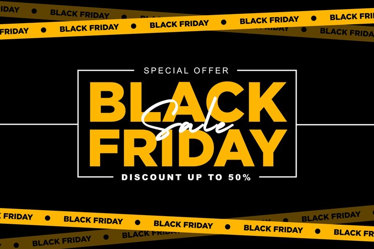 Vector oferta especial del viernes negro con descuentos cruzados cintas amarillas plantilla de publicación en redes sociales