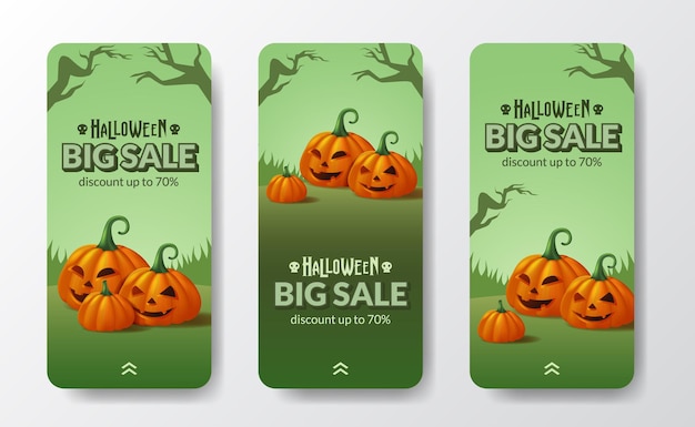 Oferta de gran venta promoción día de halloween truco o trato cartel banner historias de redes sociales con 3d jack of lantern calabaza monstruo naranja con escena de paisaje verde