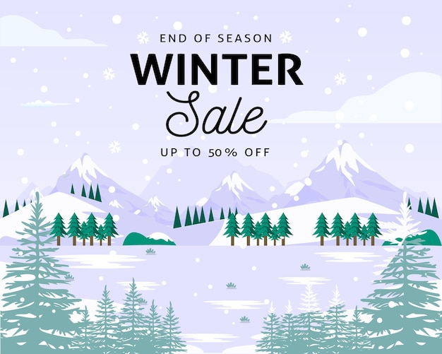 Oferta de invierno de fin de temporada con hasta un 50% de descuento. Paisaje de invierno. Venta de navidad y año nuevo.