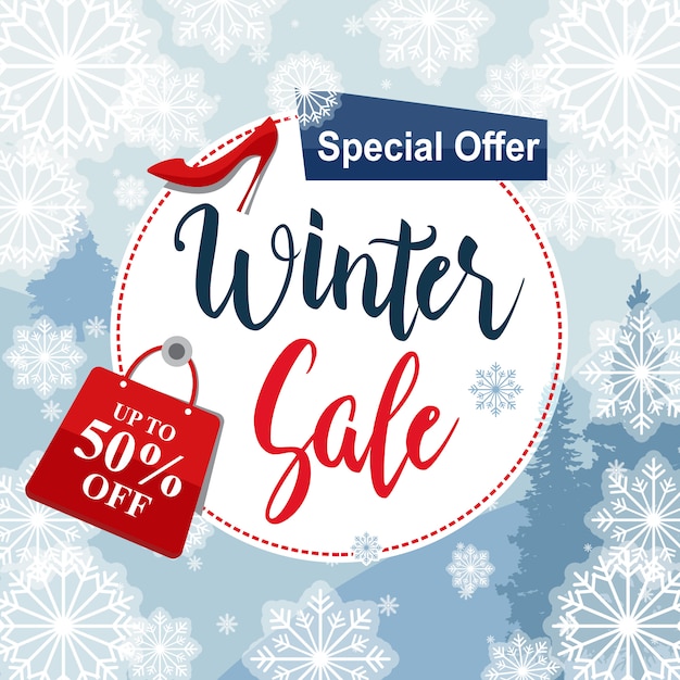 Oferta de invierno Oferta especial con etiqueta de descuento Copo de nieve