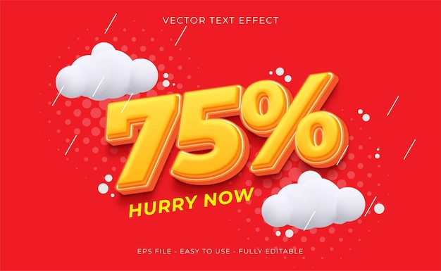 Oferta de monzón vectorial etiqueta 75 por ciento de descuento con efecto de texto estilo 3D