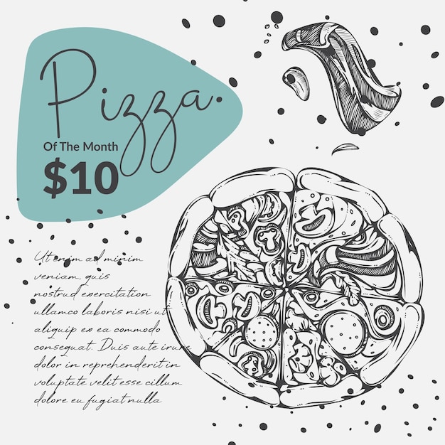 Oferta de restaurante de pizza de 10 dólares de descuento, pedido de cafetería o pizzería y entrega. banner o cartel promocional con descuentos y rebajas en alimentación. esquema de dibujo monocromo. vector en estilo plano