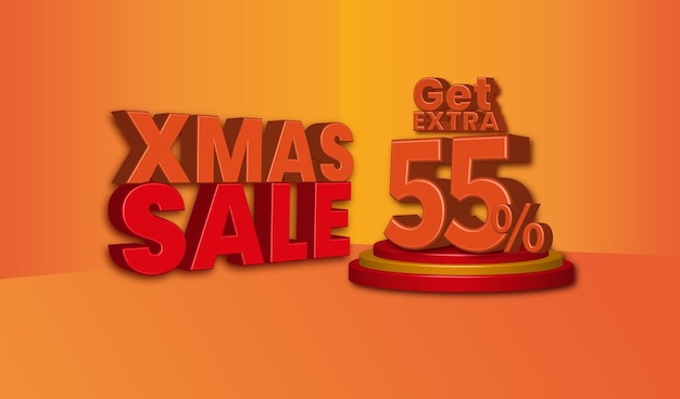 Oferta de venta de Navidad texto en 3d con un 55 por ciento de descuento