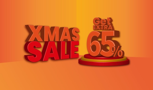 Oferta de venta de Navidad texto 3d con 65 por ciento de descuento