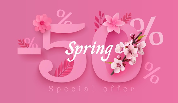 Oferta de venta de primavera del 50 por ciento de la temporada de ahorro de volantes Ilustración vectorial
