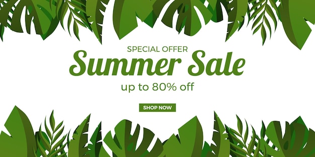 Oferta de venta de verano promoción de banner con hojas tropicales de plátano y monstera en blanco