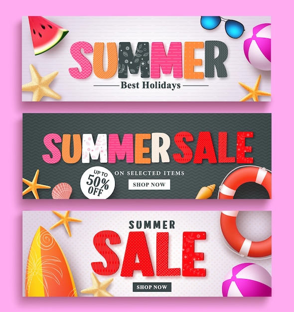 Oferta de verano y diseño de banner de saludo de verano con texto colorido 3D y elementos de playa