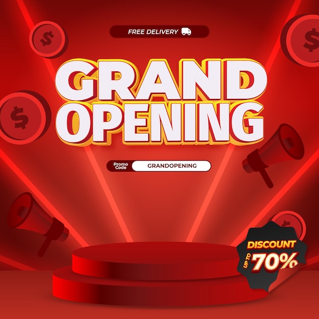 Ofertas de descuento de la Gran Inauguración Texto editable con gradiente rojo vibrante Banner de podio premium
