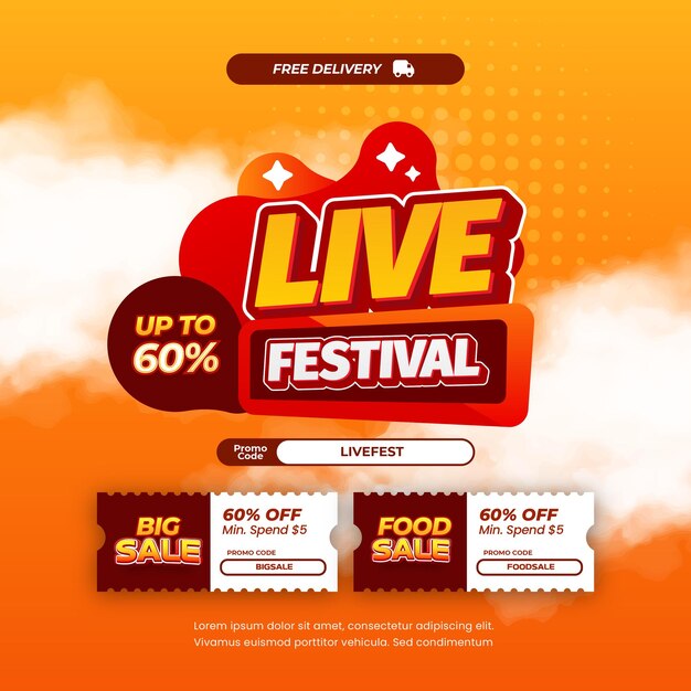 Las ofertas de descuento de Live Festival Sale Aparecen resúmenes de gradiente naranja con banner de cupones