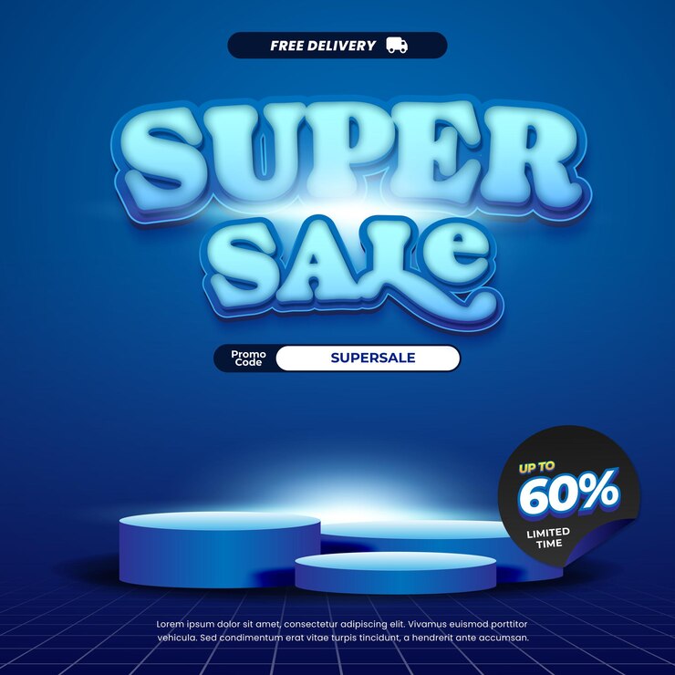 Vector ofertas de descuento de súper venta exclusivo gradiente azul efecto de texto editable banner de exhibición