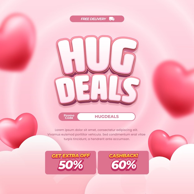 ofertas de descuento de la venta del día del abrazo texto editable en espiral gradiente rosa extra de descuento y reembolso de dinero banner