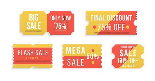 Ofertas de precios especiales premium cupones de venta o los mejores cupones promocionales de precios minoristas. Oferta a mitad de precio, gran descuento de cupón de super venta sobre fondo blanco. Conjunto de etiquetas y boletos rojos. ilustración