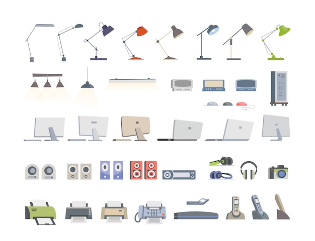 Office Essentials - conjunto de iconos planos de vector de color moderno. Diferentes lámparas, luces, pantalla, monitor, escritorio, computadora, computadora portátil, altavoz, reproductor, auriculares, cámara, fax, teléfono, impresora, escáner