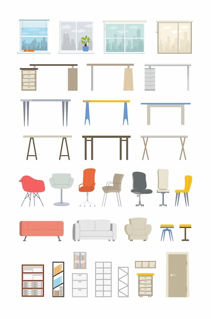 Vector office essentials - conjunto de iconos planos de vector de color moderno. gran variedad de escritorios, sillas, ventanas, vistas a la ciudad, cortinas, sofás, sillones, puertas, cajones, estantes, libros, carpetas, gabinetes de montaje en rack