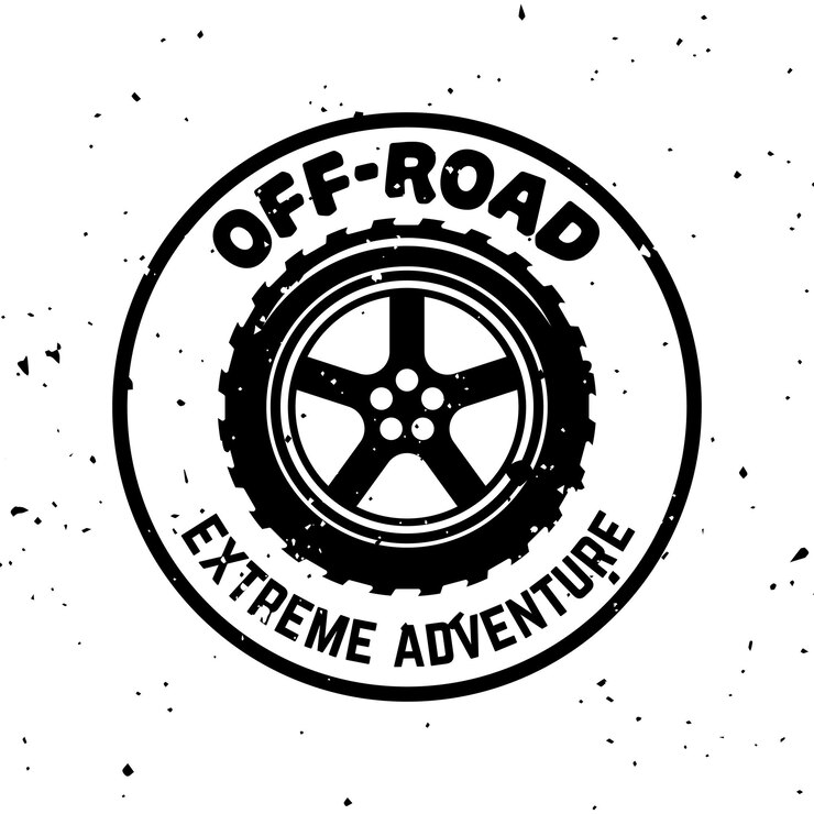 Vector offroad vector emblema vintage monocromo redondo con neumático aislado sobre fondo blanco