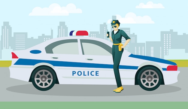 Oficial personaje femenino y coche de policía en la calle