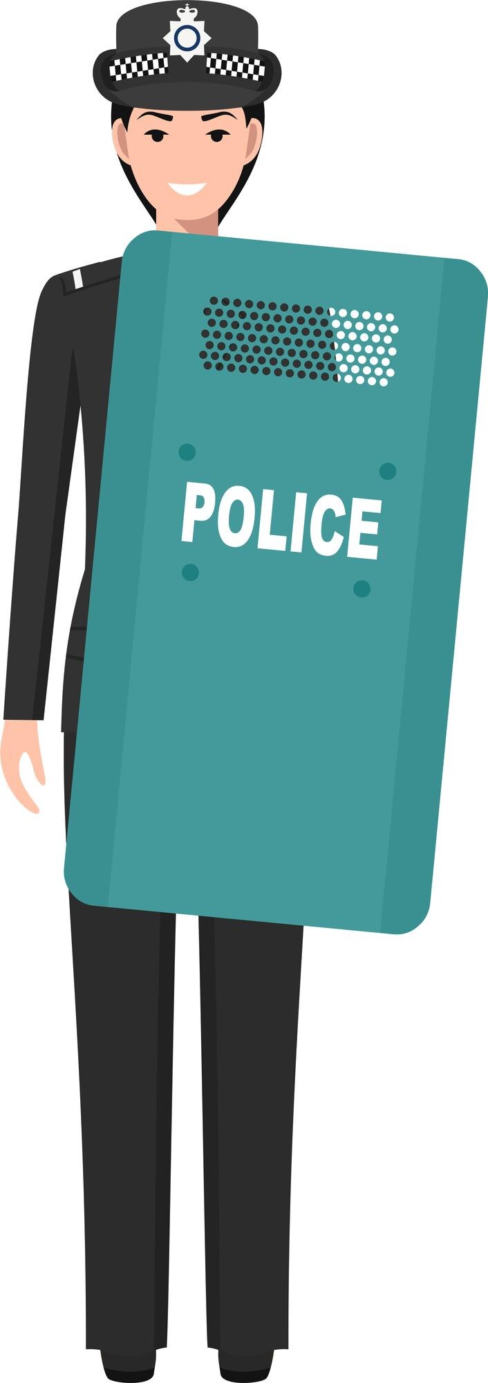 Vector oficial de policía británica con escudo protector en el icono de carácter del uniforme tradicional