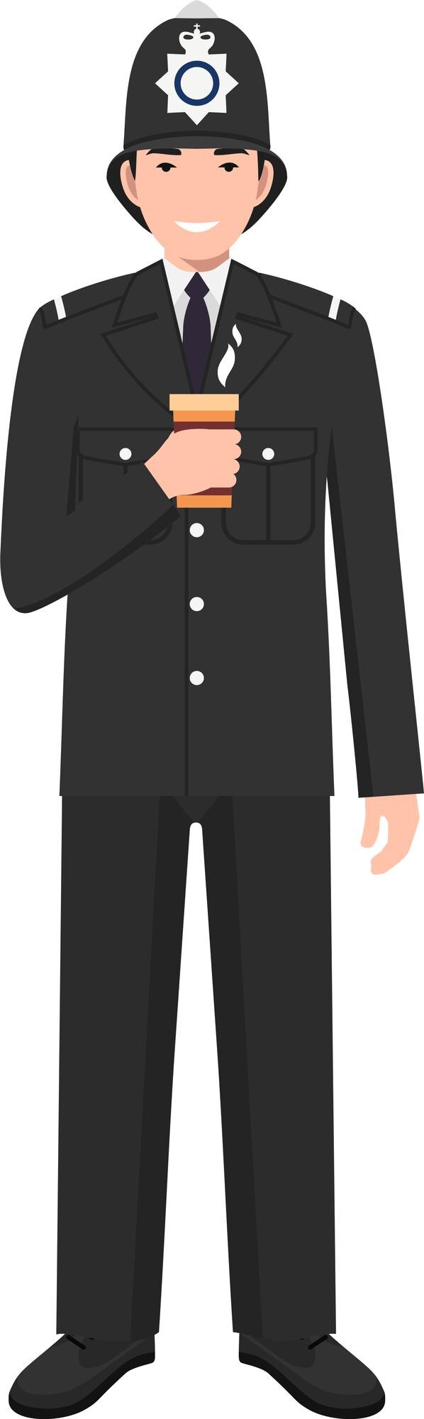 Vector oficial de policía británico con una taza de café en el icono de carácter del uniforme tradicional