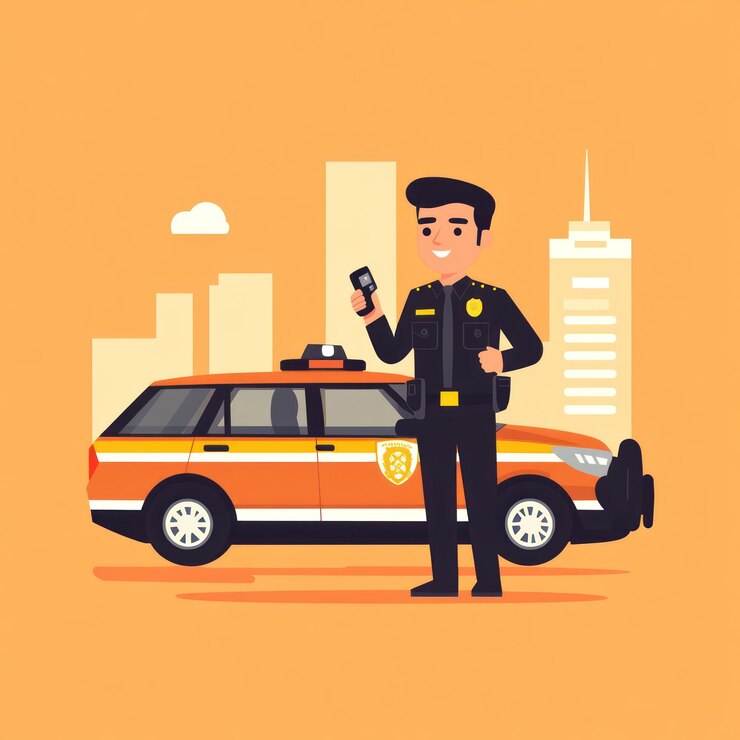 Oficial de policía con coche en un entorno urbano