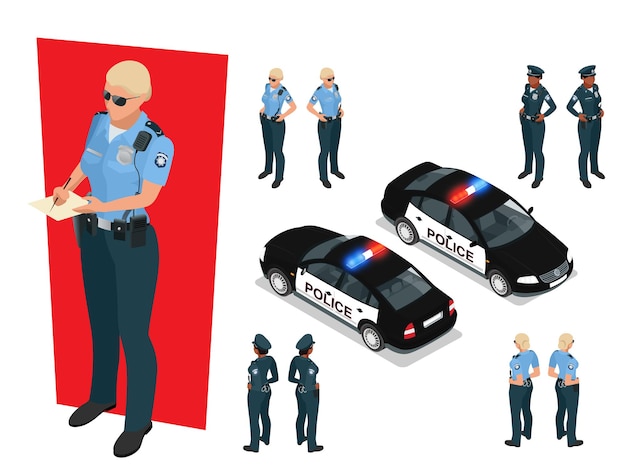 Oficial de policía isométrica en uniforme y coche de policía. Ilustración vectorial aislado sobre fondo blanco. Calle de conducción de automóviles del servicio de emergencia del oficial de policía.
