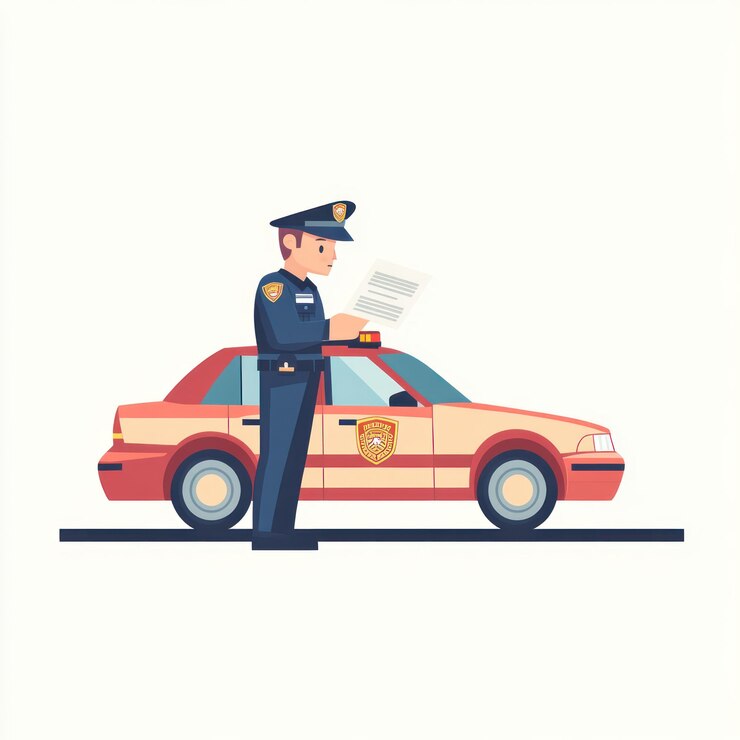 Oficial de policía leyendo un documento junto al coche de patrulla