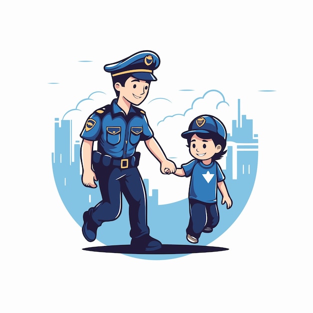 Oficial de policía con un niño en la ciudad Ilustración vectorial plana