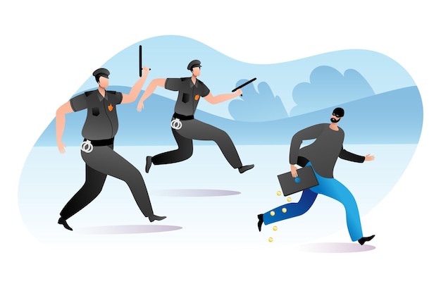 Vector oficial de policía personaje masculino corriendo perseguir delincuente cosas robadas robar dinero efectivo vector plano