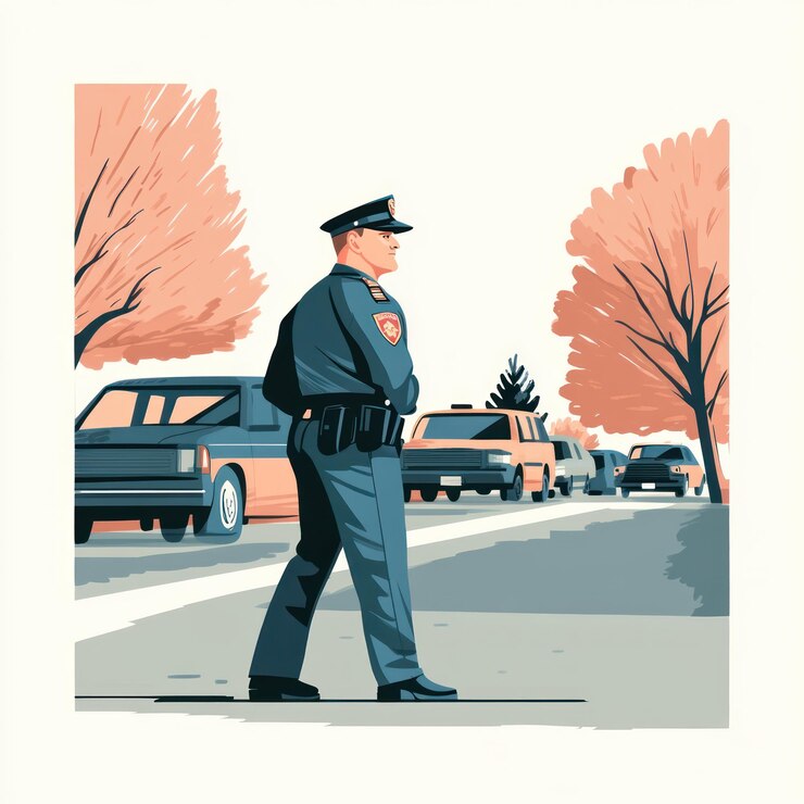 Oficial de policía de pie en la calle con coches