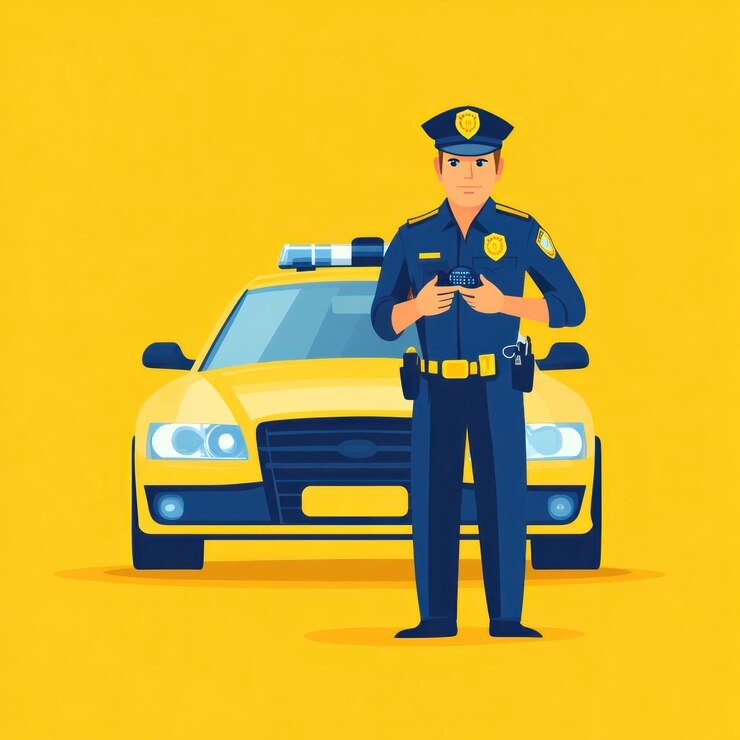 Oficial de policía de pie frente al coche de patrulla