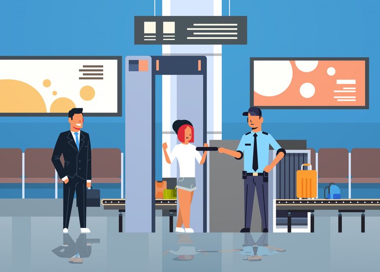 Vector oficial de policía revisando pasajeros y equipaje en el detector de metales puerta de rayos x escáner de cuerpo completo aeropuerto de control de seguridad del departamento terminal interior