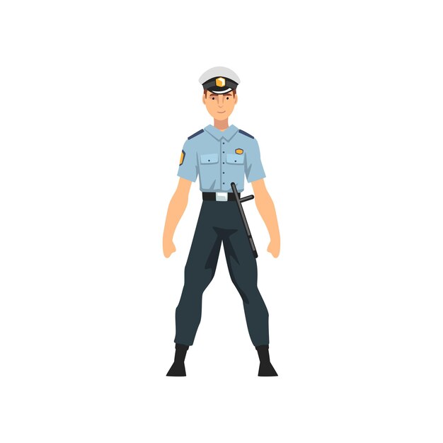 Oficial de policía de seguridad personaje de policía profesional en uniforme azul ilustración vectorial