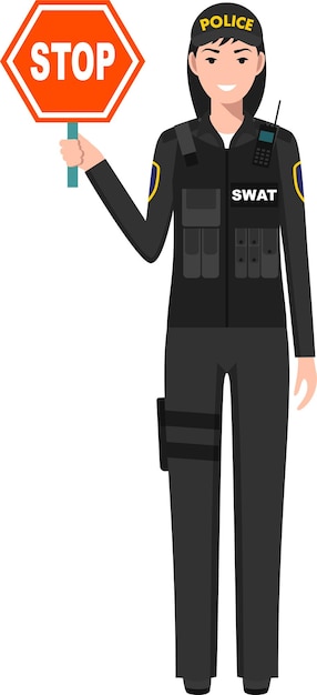 Vector oficial de policía swat de pie con señal de advertencia stop en icono de carácter de uniforme tradicional