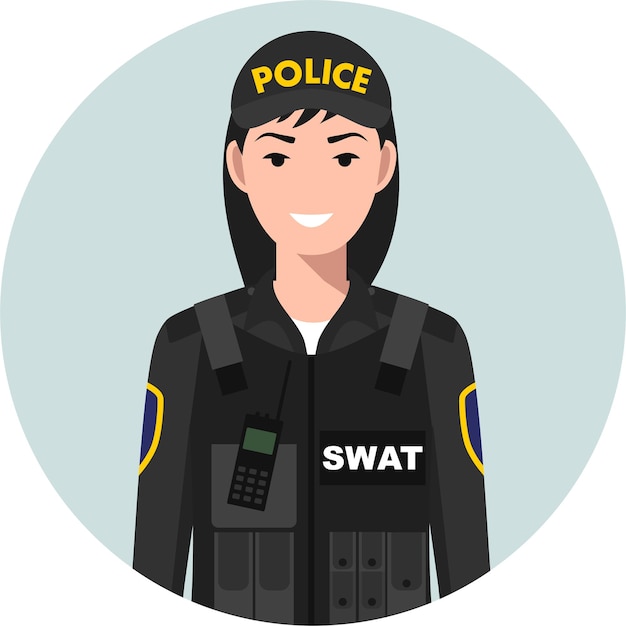 Oficial de policía SWAT en uniforme tradicional Icono de personaje Avatar en estilo plano