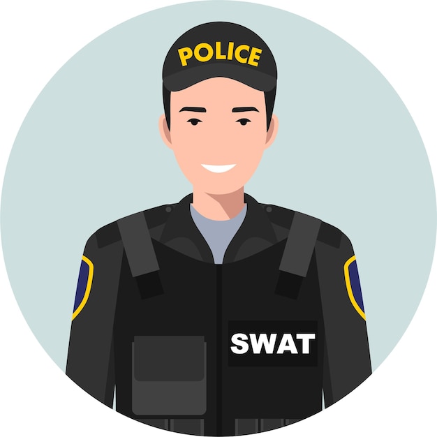 Oficial de policía SWAT en uniforme tradicional Icono de personaje Avatar en estilo plano