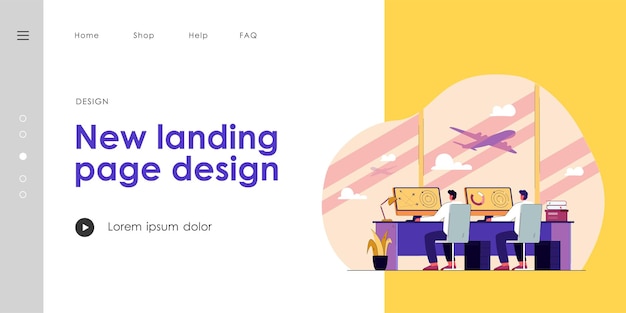 Oficiales de control de tráfico aéreo frente a monitores. ilustración de vector plano. dos operadores de líneas aéreas de dibujos animados sentados en la torre de control con aviones en segundo plano. avión, transporte, ocupación concepto