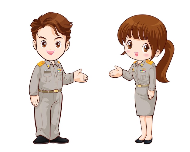 Oficiales del gobierno tailandés en uniforme pareja personaje de dibujos animados