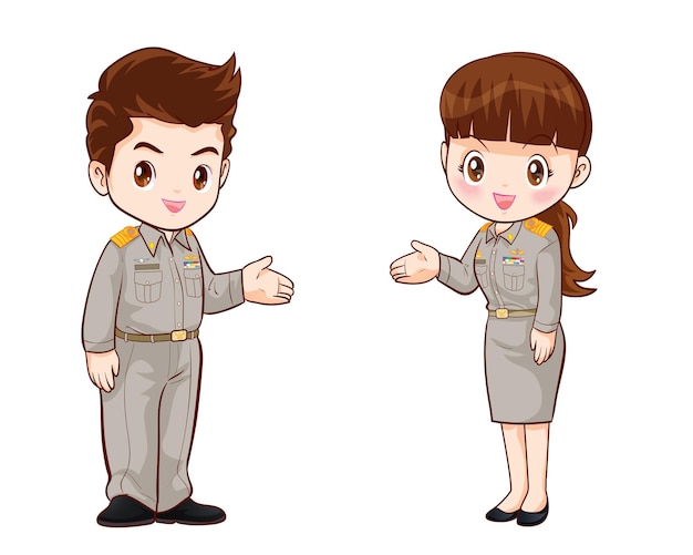 Oficiales del gobierno tailandés en uniforme pareja personaje de dibujos animados