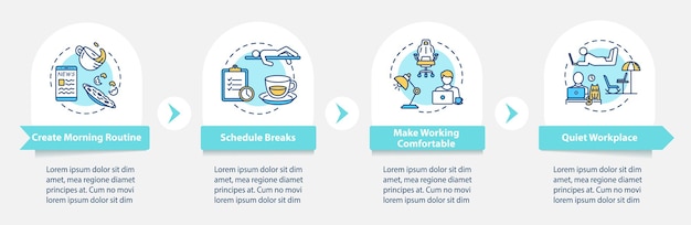 Oficina en casa, plantilla de infografía de vector de consejos de trabajo remoto. horario, elementos de diseño de presentación en el lugar de trabajo. visualización de datos en 4 pasos. gráfico de la línea de tiempo del proceso. diseño de flujo de trabajo con iconos lineales