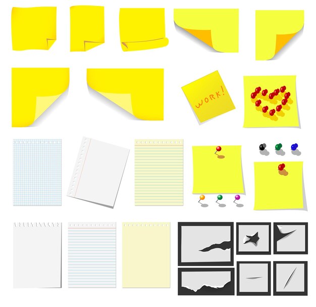 Oficina y escuela, notas adhesivas amarillas y papel convertido para diseño