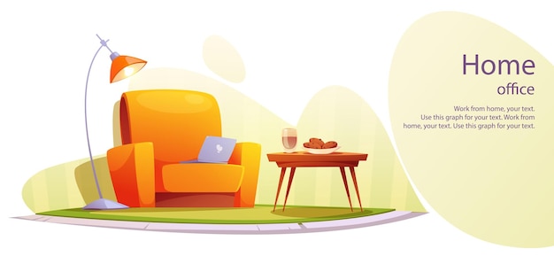 Oficina en el hogar con mesa, sillón amarillo, computadora portátil y café Banner para sitio web o presentación Vector