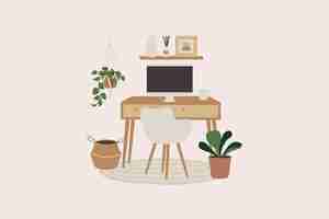Vector oficina de hogar minimalista con ilustración vectorial de plantas
