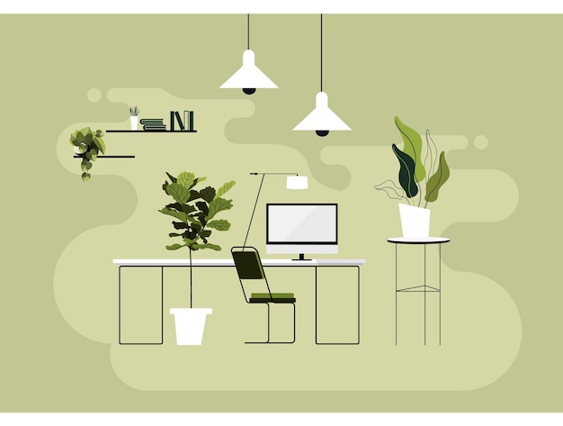Oficina en el hogar moderna y minimalista con plantas y escritorio