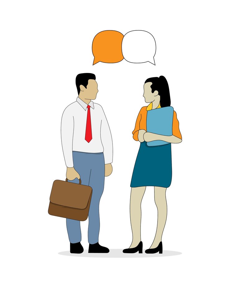 Oficina hombre y mujer hablando entre sí.