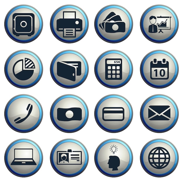 Oficina iconos oscuros en botones redondos grises