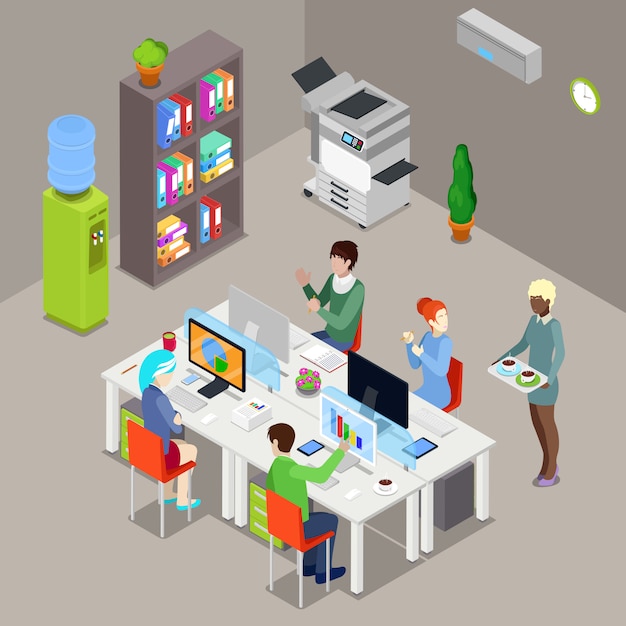 Oficina isométrica espacio abierto con trabajadores y computadoras.