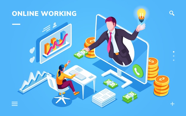 Oficina isométrica con freelance tomando dinero.